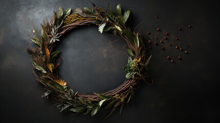 Elegant Autumnal and Fall Wreath with Dried/Live Flowers, Leaves, and Berries -  Dark, Moody, Textured Vintage Background with Copy Space - Overhead Flat Lay View - Thanksgiving Winter Holiday Concept