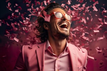 Stylish man celebrating an event with falling confetti on background