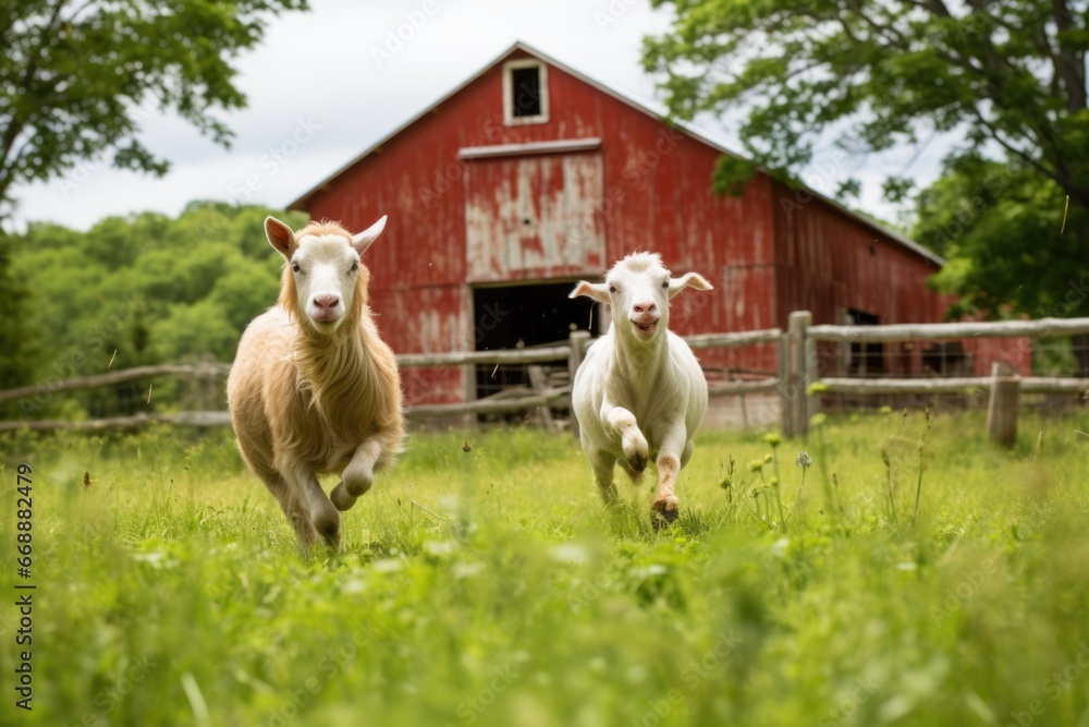 Poster Two sheep are running in a field with a barn in the background. Generative AI.