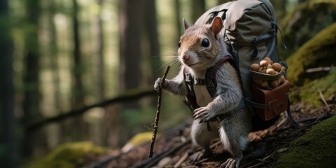 A tourist squirrel with a backpack on its back. Generative AI.