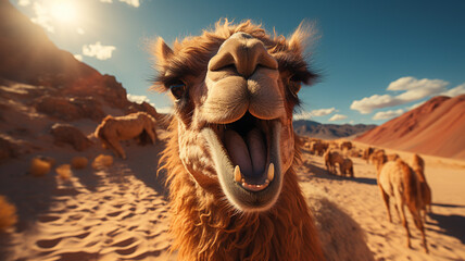 Camel smiling in the desert - obrazy, fototapety, plakaty