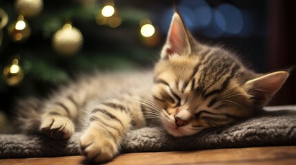 Portrait of a little kitty kitten fluffy domestic cat sleeping next to the Christmas tree fir branches with Christmas balls. Magic Christmas night with garland lights. New Year Eve and Merry Christmas