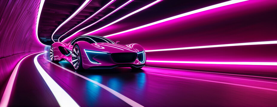 A Futuristic Sport Car Racing Through Neon Tunnel Lights