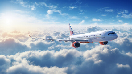 Fototapeta na wymiar Airplane flies above the clouds