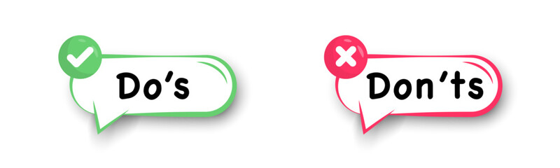 Do's and don'ts icon in flat style. Do and do not red and green icon. Good and bad icons positive and negative symbols. Green check mark and red cross icon. Vector illustration