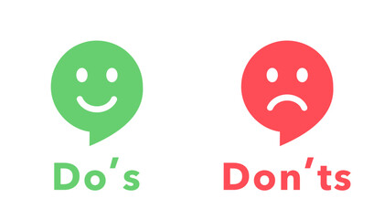 Do's and don'ts icon in flat style. Do and do not red and green icon. Good and bad icons positive and negative symbols. Green check mark and red cross icon. Vector illustration