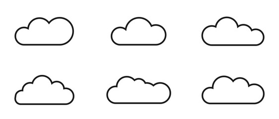 Set of cloud icons in trendy line style on white background. Cloud icon, cloud shape. Collection of cloud icons, shapes, labels, symbols. Cloud symbol for your website design, logo, app, UI.