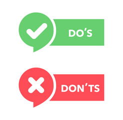 Do's and don'ts icon in flat style. Do and do not red and green icon. Good and bad icons positive and negative symbols. Green check mark and red cross icon. Vector illustration - obrazy, fototapety, plakaty