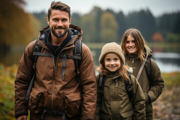 Fototapeta premium A family enjoying a day in the outdoors, promoting the value of connecting with nature and the importance of its conservation in combating climate change. Generative Ai.
