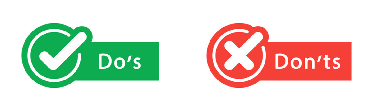 Do's and don'ts icon in flat style. Do and do not red and green icon. Good and bad icons positive and negative symbols. Green check mark and red cross icon. Vector illustration