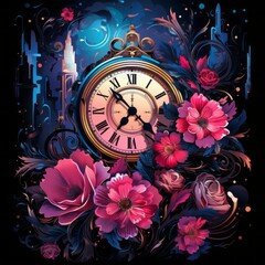a clock with flowers around it