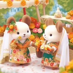 a couple of toy animals holding baskets of flowers