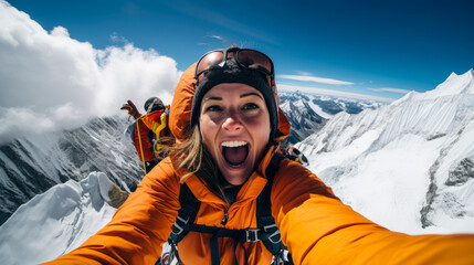 Woman in orange jacket taking selfie on the mountaintop from above. - obrazy, fototapety, plakaty