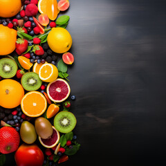 Table with colorful fruits in corner, with copy space, ai generative