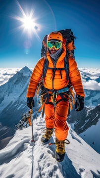 A climber hiking on the slope of mount everest in a orange protective gear.