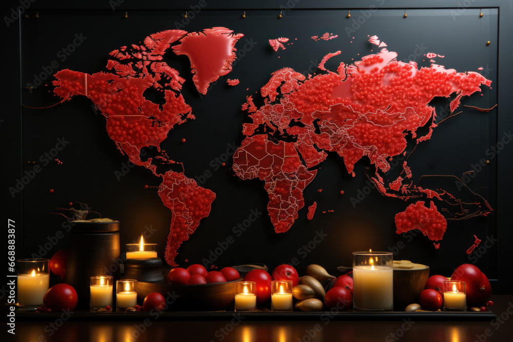 Poster a global map with regions affected by food insecurity marked in red, emphasizing the urgency of addr