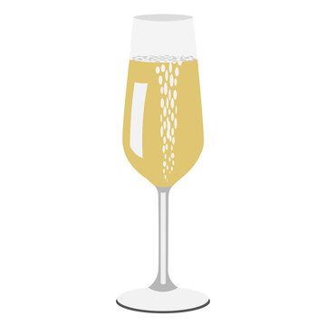 Goblet glass of white sparkling wine, flat color vector illustration. Flute champagne vector logo on transparent

