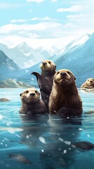 Fototapeta premium a group of otters in water with mountains in background
