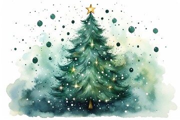 Christmas tree decorated with balls, watercolor drawing. Christmas greeting card. Generated by artificial intelligence
