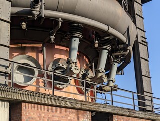 Close up view of industrial blast furnace lower part: bustle pipe which supplies the blast (hot gas) to the tuyeres; and a tap hole through which molten metal, matte, or slag can be tapped.
