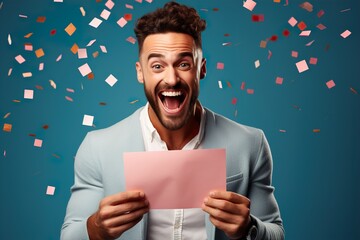 Emotionally cheerful man with white empty paper in hands on color background