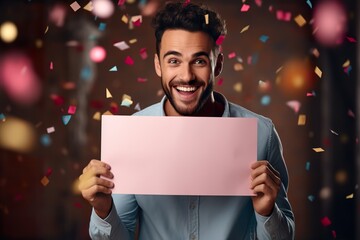 Emotionally cheerful man with white empty paper in hands on color background
