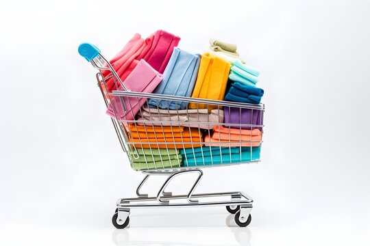 a shopping cart full of colorful blankets