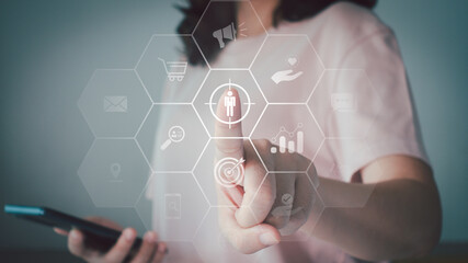 Business people touching on screen to target customer. Target customer, buyer persona, customer...