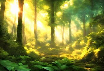 Imagen generada con inteligencia artificial de un bosque, lleno de naturaleza y vegetación, con un camino iluminado por la luz del sol.
