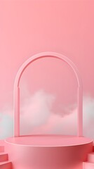 a pink arch with clouds in the background