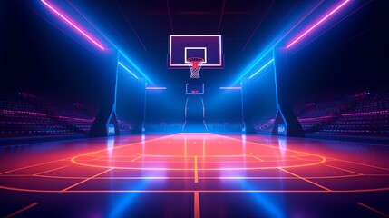 a basketball court with neon lights - obrazy, fototapety, plakaty