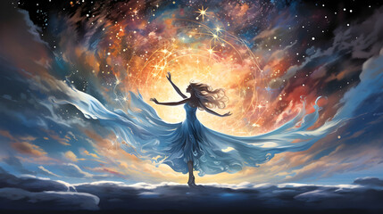 Fantasy landscape with a woman and a shining star in the sky. Beautiful young woman in a white dress standing on the top of a mountain and looking at the starry sky

