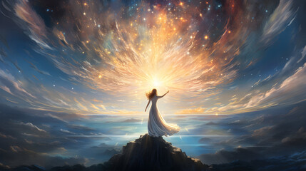 Fantasy landscape with a woman and a shining star in the sky. Beautiful young woman in a white dress standing on the top of a mountain and looking at the starry sky

