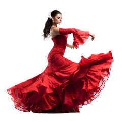Woman in red dress performing flamenco