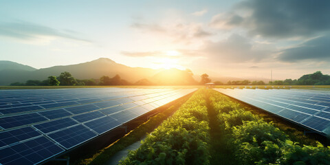 Aerial view of a solar farm generating solar power over many rows of solar panels - obrazy, fototapety, plakaty