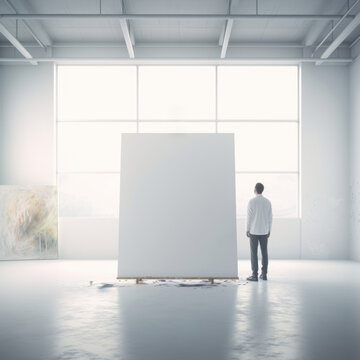 a man standing in room with large canvas