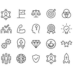 Core Values Icons Set, Core, values, business, leadership, goals, target, client, quality, success, responsibility and quality. Vector illustration.