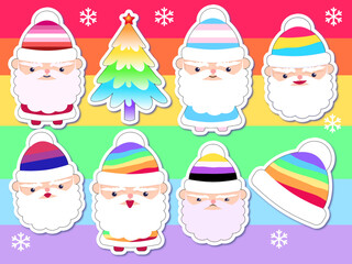 Cute cartoon LGBTQ community symbols with pride flags, gender signs, rainbow, love. Pride month stickers. Gay parade groovy celebrationChristmas stickers pack with santa claus set xmas flat design