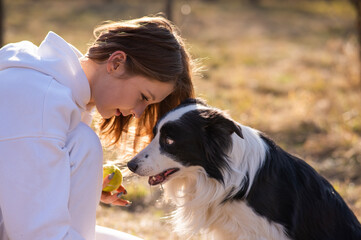 Caucasian woman hugging border collie in autumn park. Portrait of a girl with a dog.