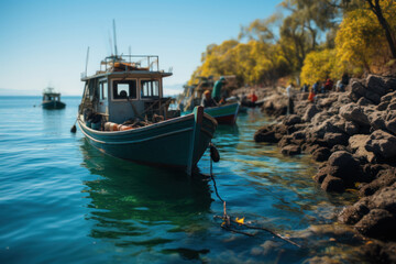 Obraz premium A fishing community launching their boats for a day's work, highlighting sustainable fisheries management to preserve marine resources. Generative Ai.