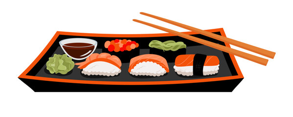 Set of sushi on plate, rolls, nigiri, maki, uramaki with tuna, shrimp, salmon, tempura, seaweed, caviar, wasabi and soy souse. Japanese style. Vector illustration