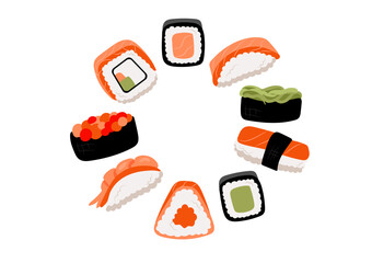 Circle of  sushi.Set for advertisement sushi, rolls, nigiri, sashimi, nigiri, maki, gunkan,  shrimp, salmon, tempura, seaweed, caviar, wasabi and soy souse. Japanese style. Vector illustration