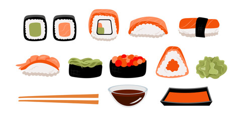 Set of sushi, rolls, nigiri, sashimi, nigiri, maki, gunkan, uramaki with tuna, shrimp, salmon, tempura, seaweed, caviar, wasabi and soy souse. Japanese style. Vector illustration