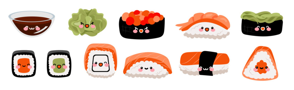 Set of kawaii sushi, rolls, nigiri, sashimi, nigiri, maki, gunkan, uramaki with tuna, shrimp, salmon, tempura, seaweed, caviar, wasabi and soy souse.Funny cute face characters. Japanese cartoon style.
