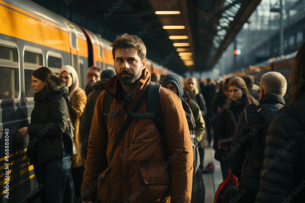 Poster a crowded train station with commuters from different backgrounds, symbolizing the daily rhythms of 