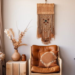 Salon boho - fotel i makrama. Brązowe i beżowe kolory wnętrza. Render 3d. Wizualizacja	 - obrazy, fototapety, plakaty
