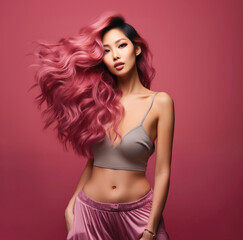 Confident woman with cascading pink hair against a rose backdrop. Wearing a neutral camisole, her captivating gaze stands out