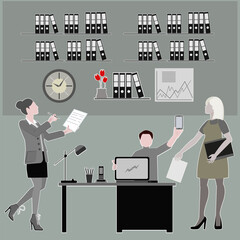 Employees in the office, women, men at work, at the computer, vector illustration