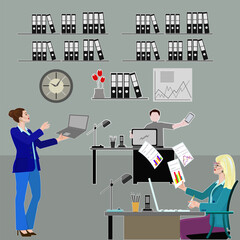 Employees in the office, women, men at work, at the computer, vector illustration