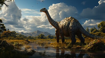 diplodocus, Illustration of a huge dinosaur. Herbivorous lizard. Concept: extinct dinosaurs, ancient lizard-like animals.
 - obrazy, fototapety, plakaty